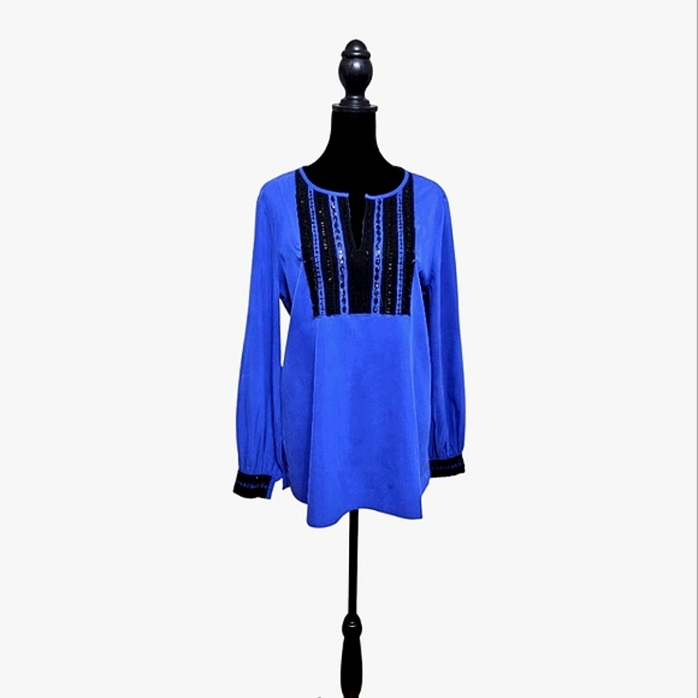 CHICO'S Women's Pullover Blue Blouse with Black Beaded Accents S